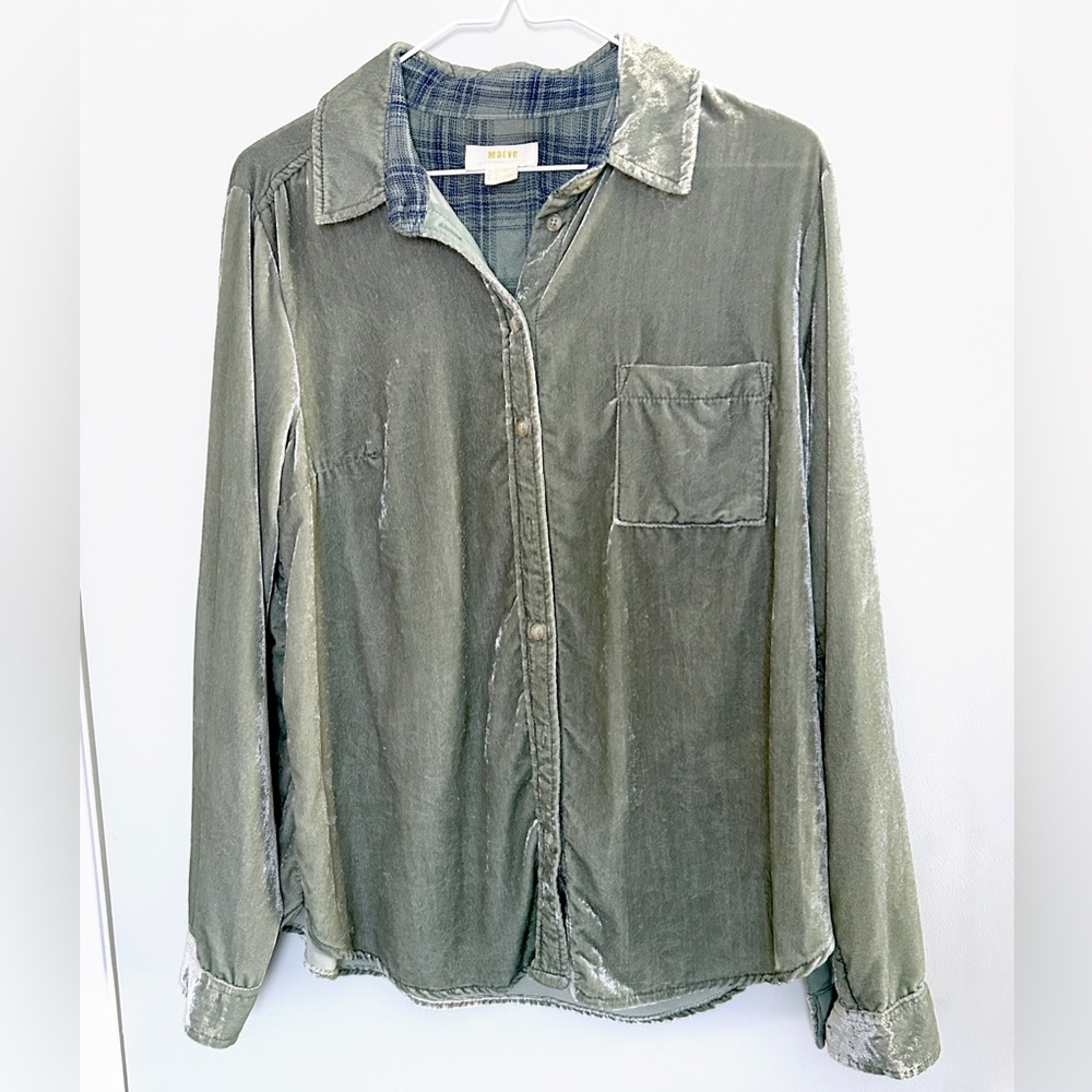Maeve Anthropologie Karina Crushed Velvet Button Front Top Sage Green Size 6
